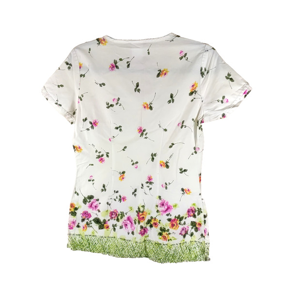 Cherokee Studio Women's Scrub Top Size X Small Cream Pink Roses Cotton Blend... - Picture 2 of 6